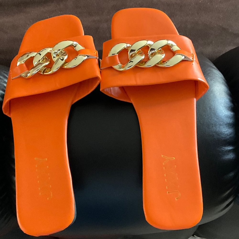J. Crew Orange Slide Sandals with Gold Chain Accent